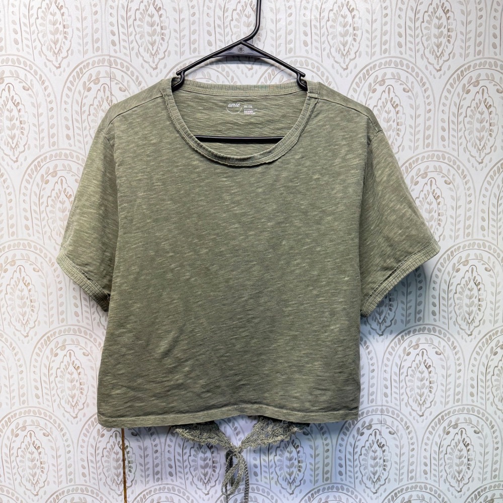 Aerie Crop Top Women XXL Green Open Back Crochet Tie Slub Knit Short Sleeve Tee